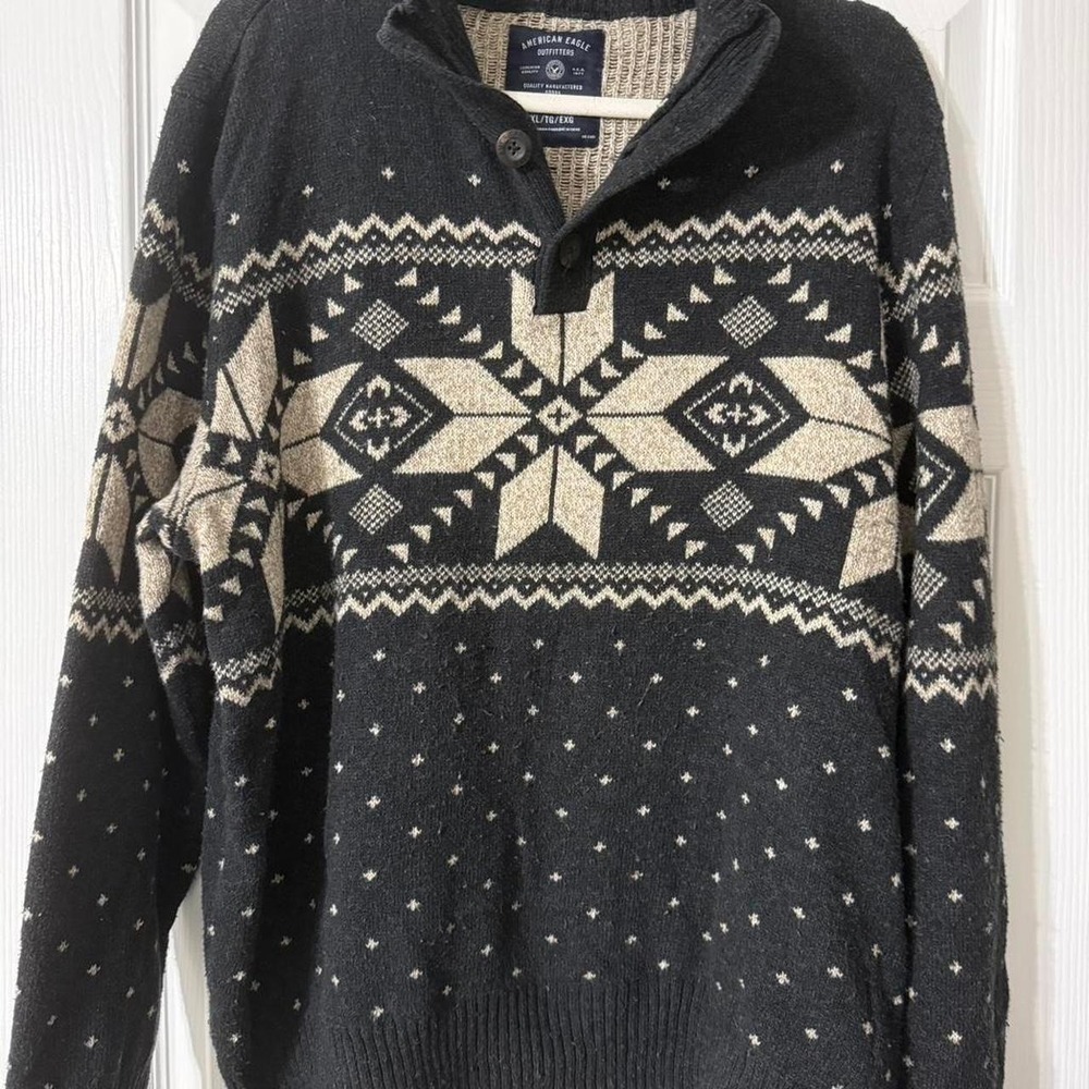 American Eagle Sweater  XL Grey Good Fair Isle Nordic Quarter Button Knit
